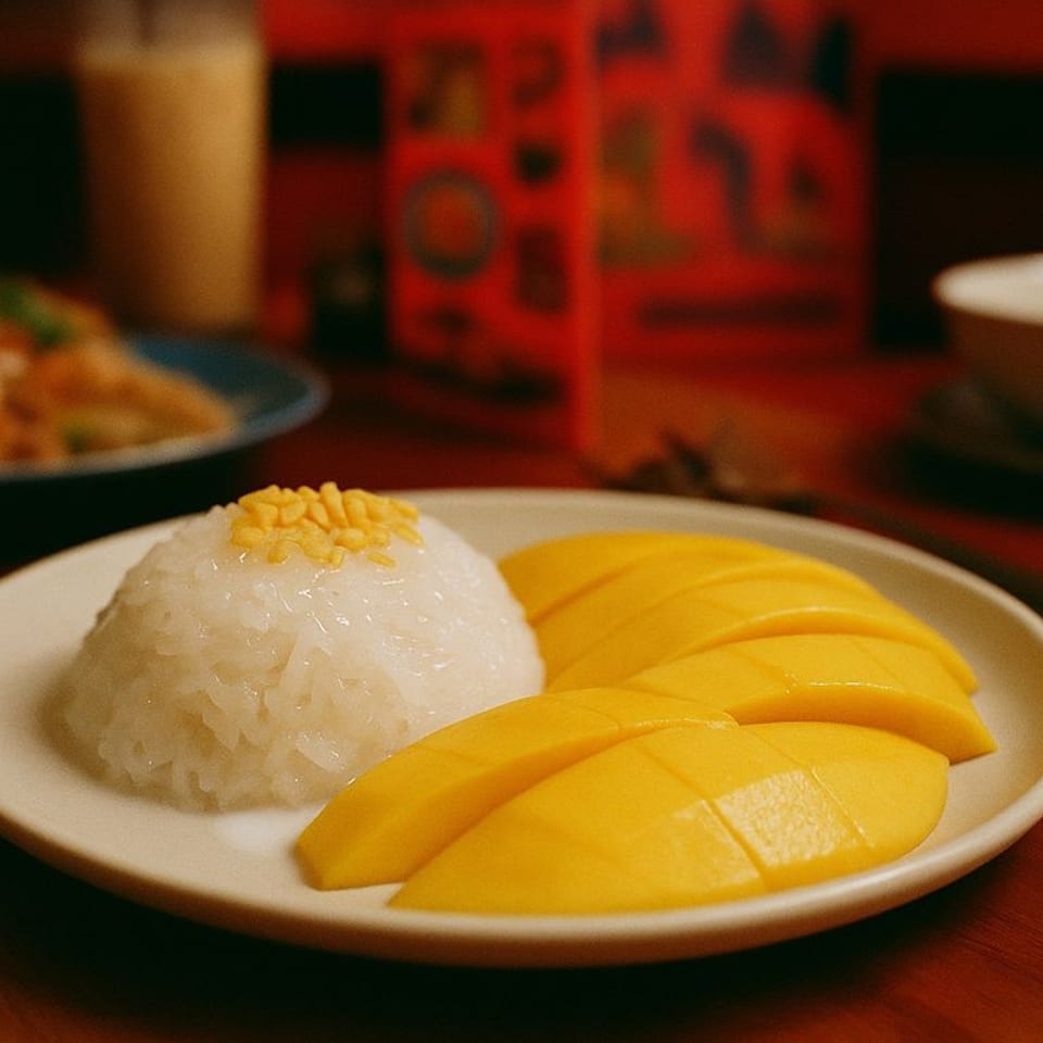 A plate of mango sticky rice with golden topping, with other Thai dishes blurred in the background.