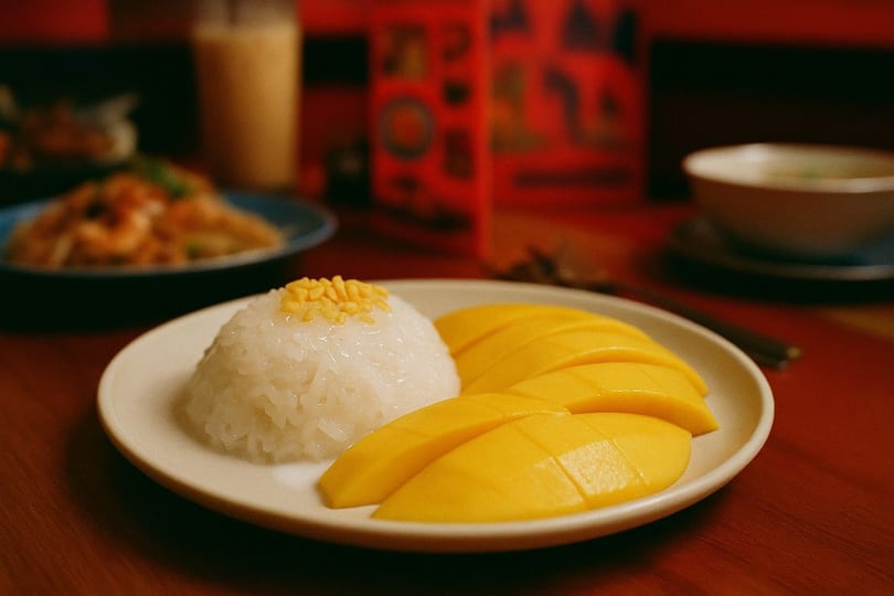 A plate of mango sticky rice with golden topping, with other Thai dishes blurred in the background.