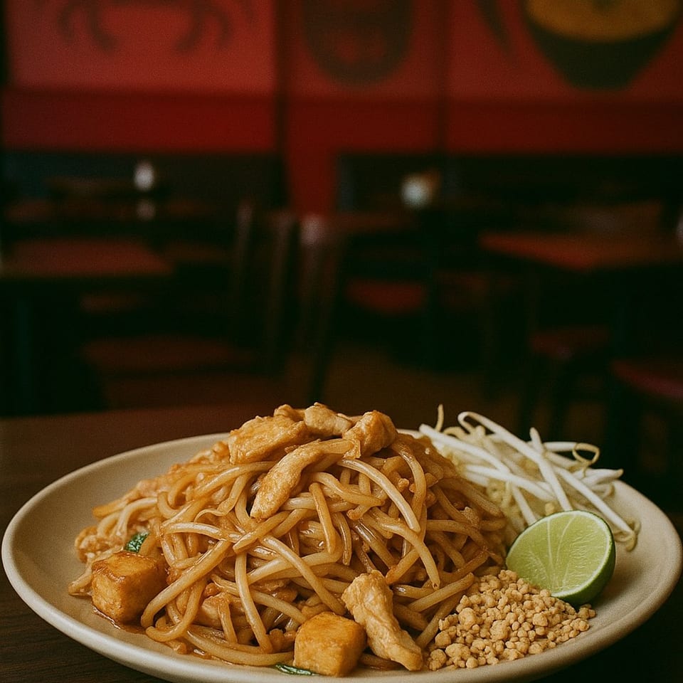 A plate of MAHANAKHON's Pad Thai with chicken, tofu, bean sprouts, peanuts, and lime.
