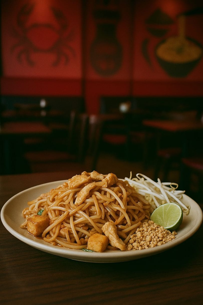 A plate of MAHANAKHON's Pad Thai with chicken, tofu, bean sprouts, peanuts, and lime.