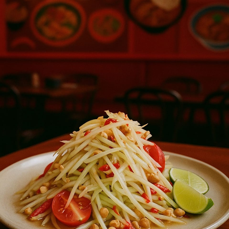 A plate of Som Tum, a Thai green papaya salad, with tomatoes, peanuts, and lime wedges.