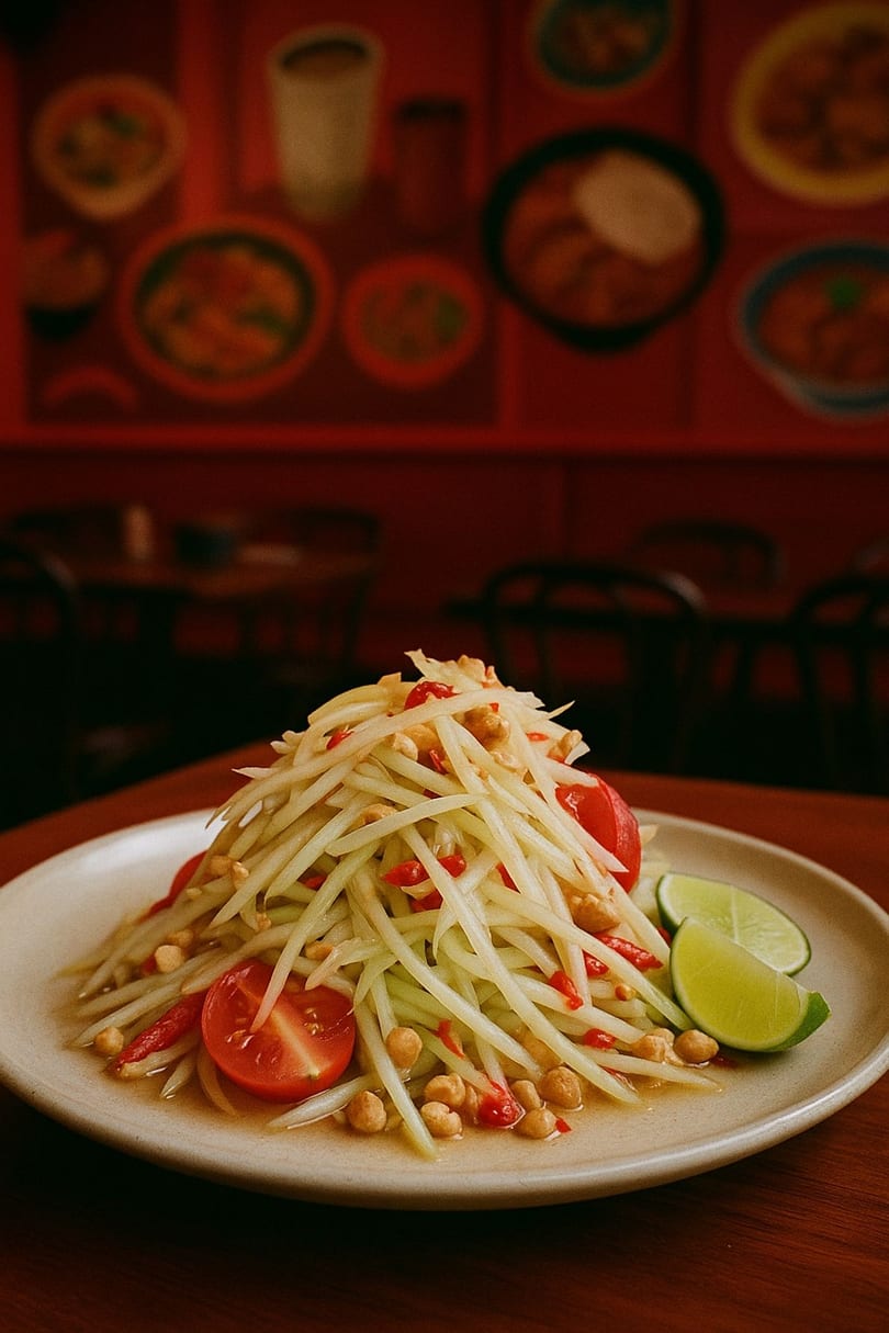 A plate of Som Tum, a Thai green papaya salad, with tomatoes, peanuts, and lime wedges.
