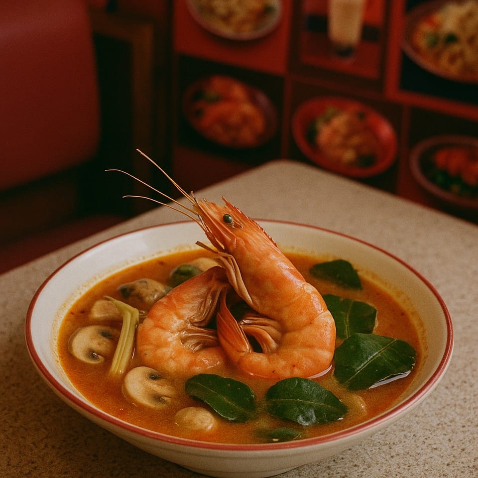A bowl of MAHANAKHON's Tom Yum Goong soup with large prawns, mushrooms, and kaffir lime leaves.