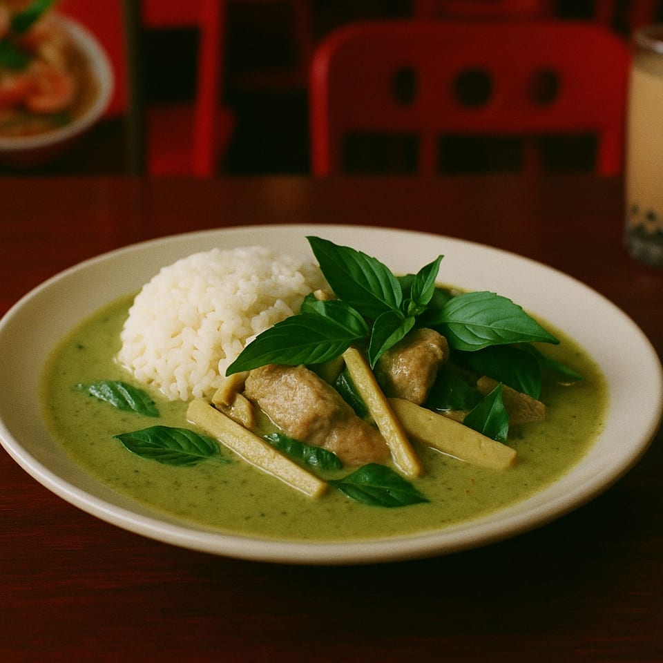Mahanakhon Thai green curry with chicken, bamboo shoots, basil, and white rice.